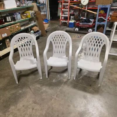 Set of 3 White Plastic Resin Lattice-Back Patio and Stacking Chairs