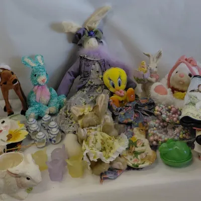 Large Easter Decor Lot - Planter, Votives, Stuffed Animals, Napkin Rings, Tray, Glass Bunny