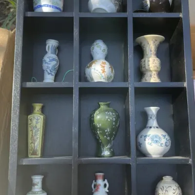Franklin Porcelain Miniature Vase Collection with Display Case, TI-83 Plus, and Cabinet Hardware Lot - Grand Rapids Off-Site