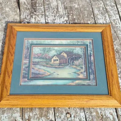 Framed 3D Scenic Countryside Mill & Creek Art Print With Oak Frame & Glass,16X20