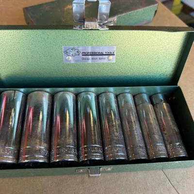 S-K Tools 1/2" Drive SAE Deep Socket Set, 8 Pc. 1/2" to 15/16", Metal Case, USA Made
