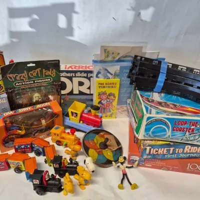 Vintage Toys & Games Lot: Jack in the Box, Paper Doll, Train, Snoopy & More