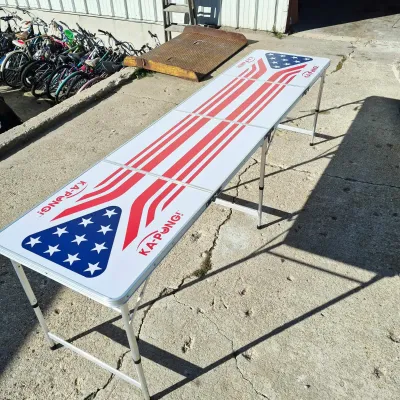 Ka-Pong Portable Folding Beer Pong Table With American Flag Design - 8 Ft Adjustable Height