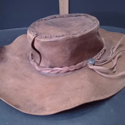 Vintage Brown Leather Outback Hat With Braided Fringe Trim. Classic Western Aesthetic - Potterville
