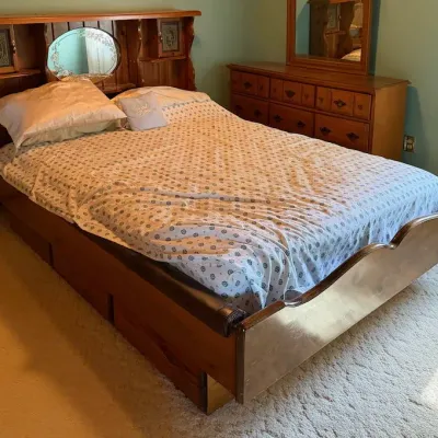 Queen Size Wooden Bookcase Headboard Bed Frame with Storage Cabinets & Decorative Mirror - Lake Odessa Off-Site