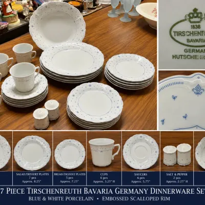 Sale Photo Thumbnail #302: 27pc Tirschenreuth Bavaria Germany Blue & White Porcelain Dinnerware Set - Embossed Scalloped Rim – Potterville