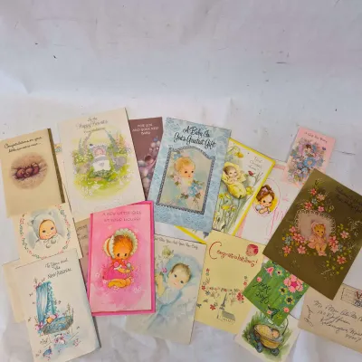 Vintage Baby Shower & Congratulations Greeting Card Lot - 1950s-1970s - Pastel Illustrations