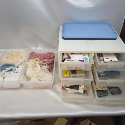 Sale Photo Thumbnail #233: Small Vintage Plastic 6 Drawer Organizer w/ 2 Rubbermaid Bins full of Sewing/Craft Materials