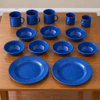 Blue Metal Speckled Dish Set