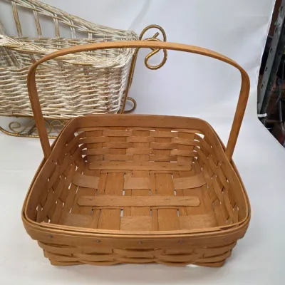Vintage Longaberger Basket w/ White Wicker Basket and White w/ Gold Trim Wicker and Metal Sleigh