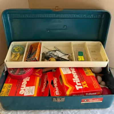 Vintage Metal Fishing Tackle Box with Assorted Fishing Lures, Line, Bobbers & Accessories - Lake Odessa Off-Site