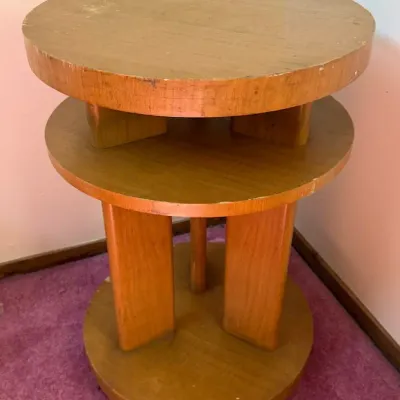 Round Wood Accent Table with Two-Tier Shelving & Circular Base - Mid-Century Style - Lake Odessa Off-Site