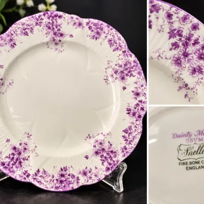 Vintage Shelley Fine Bone China "Dainty Mauve" plate (051/M). Fluted edge, made in England - Potterville