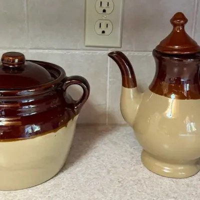 Vintage Brown & Beige Stoneware Coffee Pot and Lidded Crock Pottery Set - One with Marking – Lake Odessa Off-Site