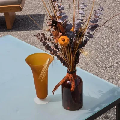Fall Floral Arrangement in Amber Glass Vase with Orange Accent Vase