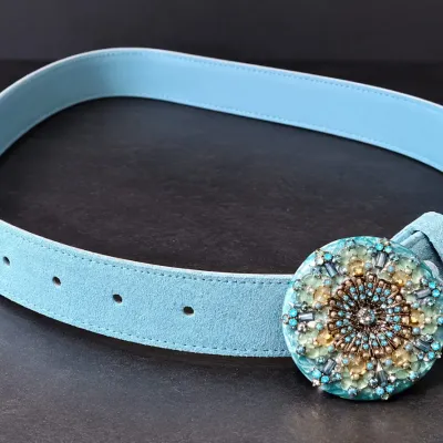 Vintage Aqua Blue Suede Belt w/ Large Ornate Rhinestone Beaded Medallion Buckle Boho Western – Potterville