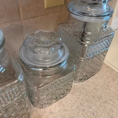 Set of 3 Clear Pressed Glass Kitchen Canisters with Matching Lids – Lake Odessa Off-Site