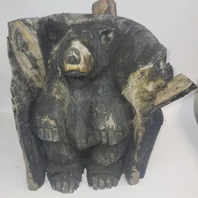 Hand Carved Chainsaw Art Bear Statue in Hollow Log Planter - Garden Decor