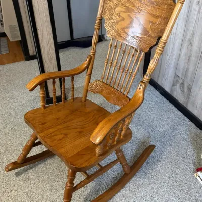 Ornate Carved Oak Wooden Rocking Chair - Victorian Style Spindle Back & Arms - Lake Odessa Off-Site