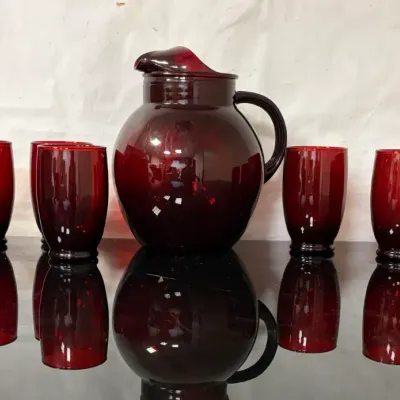 Ruby Glass Pitcher with 7 Glasses - 50's - 70's
