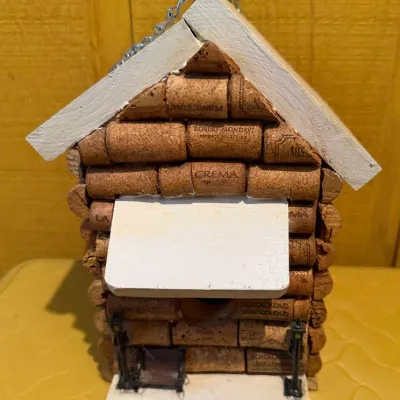 Handmade Wine Cork Log Cabin Style Birdhouse with White Wooden Roof & Hanging Chain - Garden Decor - Lake Odessa Off-Site