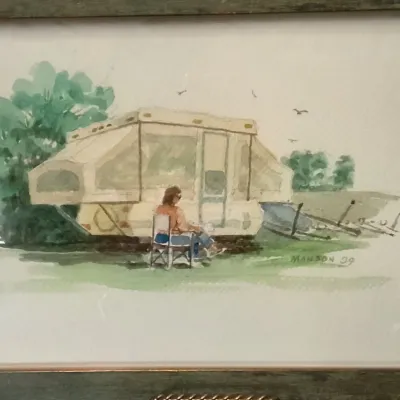 Vintage 1989 "Manson" Watercolor Of A Retro Camper, Professionally Framed By Saper Galleries-Museum – Potterville