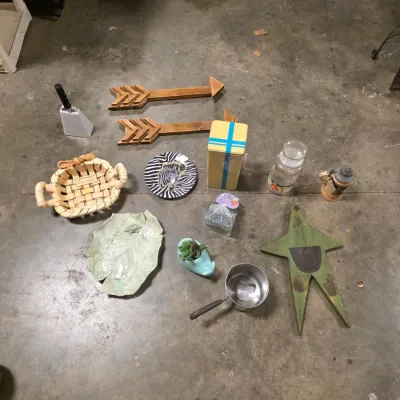 Mixed Home Decor Lot with Wooden Arrows, Zebra Plate & Mr. Peanut Decanter