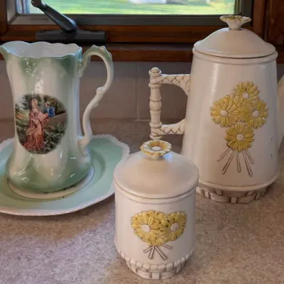 Decorative Ceramic Coffee Pot, Covered Sugar Bowl & Victorian Style Pitcher with Plate – Lake Odessa Off-Site