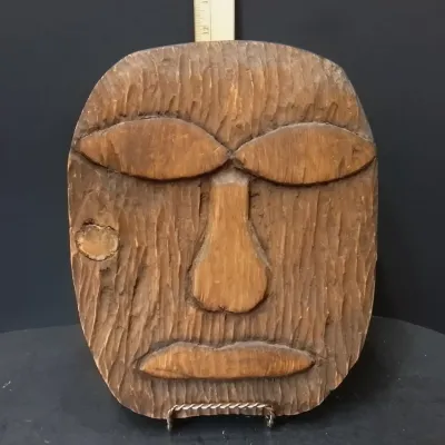 12" Hand-Carved Folk Art Mask Plaque Signed "PH". Unique 1970s Style Accent - Potterville