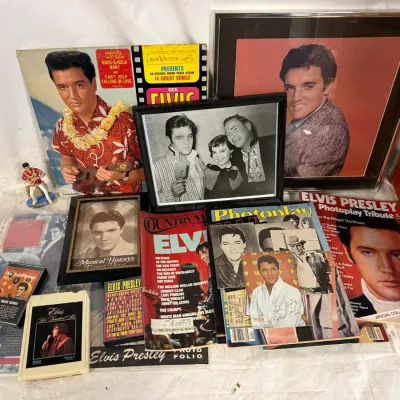 Elvis Presley Memorabilia Lot: Blue Hawaii LP, Magazines, Framed Prints, 8-Track, Brass Plaque