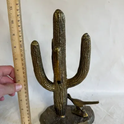 Vintage Brass Cactus w/ Roadrunner Bird