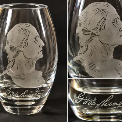 Vintage Scandinavian Signed Lead Crystal Vase Etched George Washington Profile & Signature - Potterville