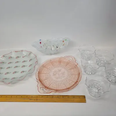 Vintage Pink Jeannette Glass Co. Depression Glass w/ Other Vintage Glassware