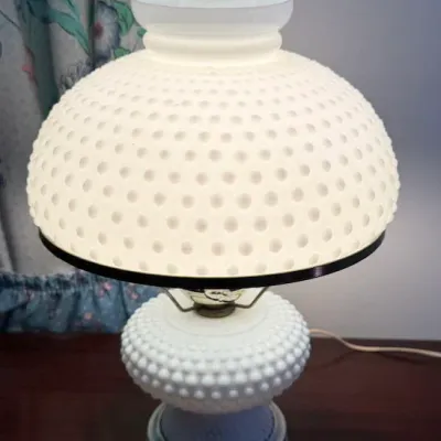 Vintage White Hobnail Milk Glass Table Lamp with Dome Shade - Hurricane Style - Lake Odessa Off-Site