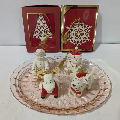 Lenox Porcelain Ornaments & Pink Depression Glass Tray, 4 Character Ornaments, 2 Tree Ornaments - Estate Sales Warehouse (GR)