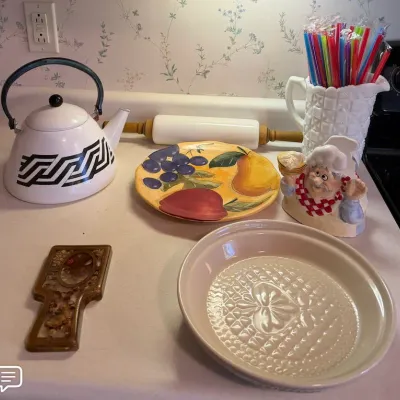 Assorted Kitchen Decor Lot -Ceramic Chef, Milk Glass Pitcher, Rolling Pin & More - Howard City Off-Site