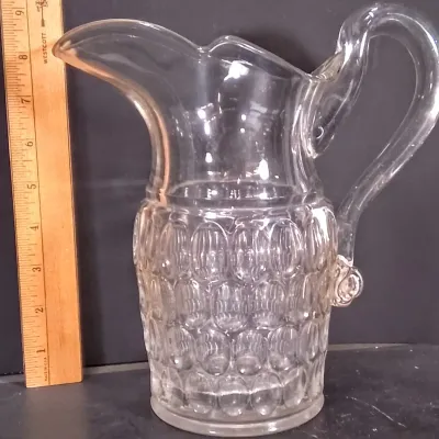 Sale Photo Thumbnail #298: Antique c.1860s EAPG Argus Early Thumbprint Flint Glass Water Pitcher Applied Handle – Potterville