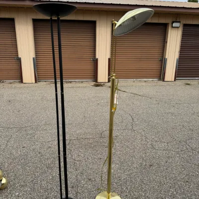 Torchiere Floor Lamp Lot (2): Black & Brass Tone Tri-Pole Uplight and Brass Tone Halogen