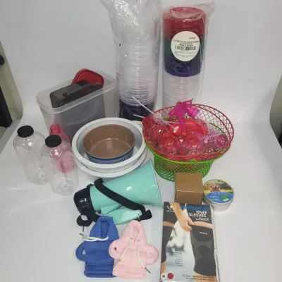 Tote Lot: Megaphone, 32 Twist Top Food Containers, Pet Supplies, Knee Sleeves & More