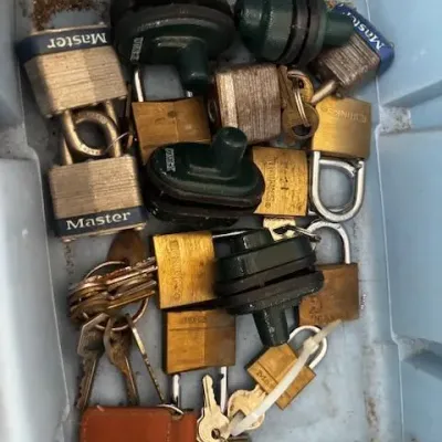 Small Blue Tote of Misc Padlocks & Keys - Master Lock & More