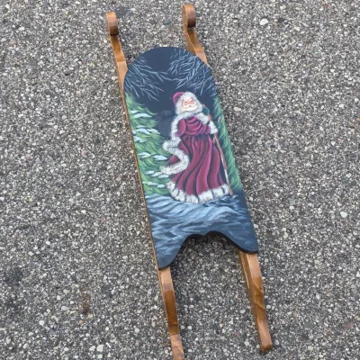 Wooden Christmas Sled with Hand-Painted Santa Scene