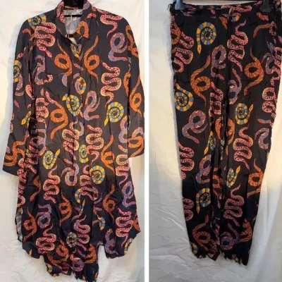 FARM Rio "Black Snakes" Maxi Shirt Dress and Pants Suite, Size M