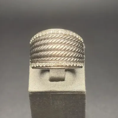 David Yurman 925 Silver Pavé-Set Diamonds Twisted Cable Ring, Size 5.5 21.74g | D Yurman Pouch