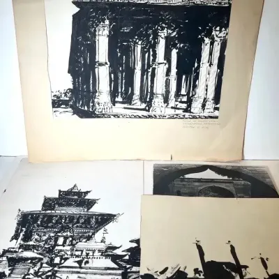 Ink & Brush and Photo Prints of India and Iran, 4 Pieces