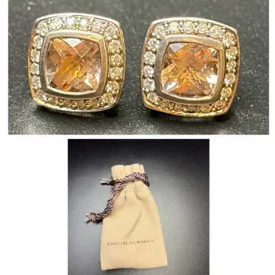 David Yurman 925 Silver, Pave Diamonds, Morganite Cabochon Earrings, Albion Collection