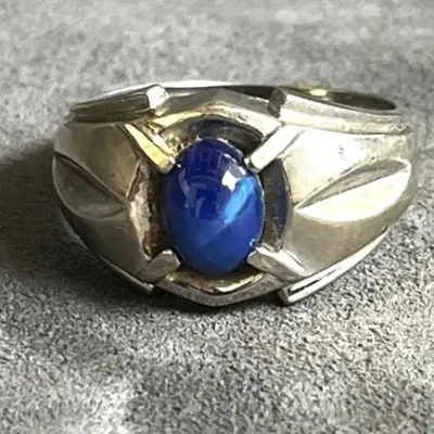 14k White Gold with Star Sapphire Men’s Ring Size 7, Linde Center 6.01g | c 1950-60s