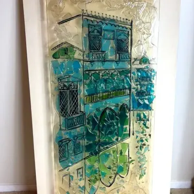 Fused Stained Glass on Acrylic, 3-D Urban Scape, Suspended on Canvas 20x38”