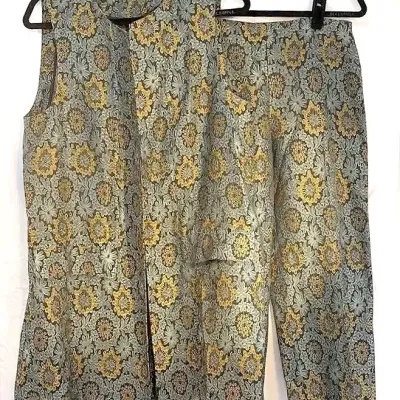 Zara Woman Floral Jacquard Open Front Long Vest & Trousers, Size S | Gray, Gold, Blk | Excellent Con