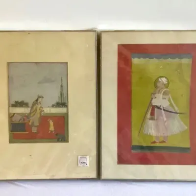 Antique Indian and Persian/Indian Watercolor on Paper, Pair | Sealed in Plastic & Framed