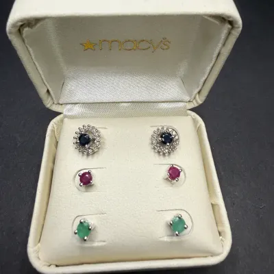 NWT Macys 14KT/925 White Gold Diamond Earring Jackets with Sapphire Ruby and Emerald Studs